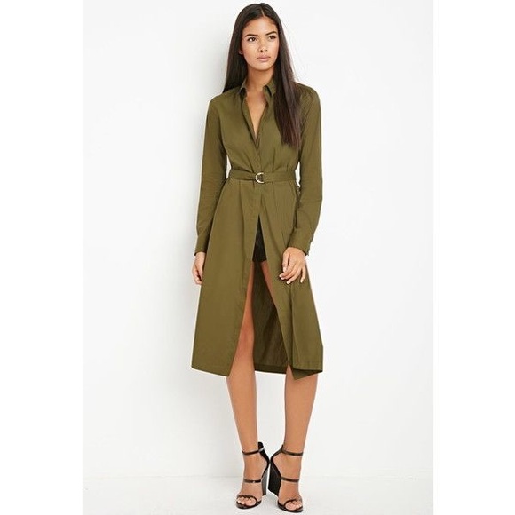 belted utility midi shirt dress